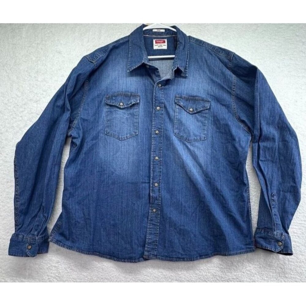 Wrangler Mens Indigo Denim Pearl Snap Shirt Size 3XL Long Sleeve‎ Western Cowboy